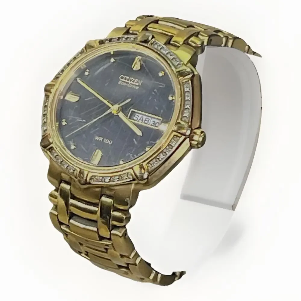 Citizen Eco-Drive Diamond Bezel Gold Tone Day Date Spanish WR100 Watch Works